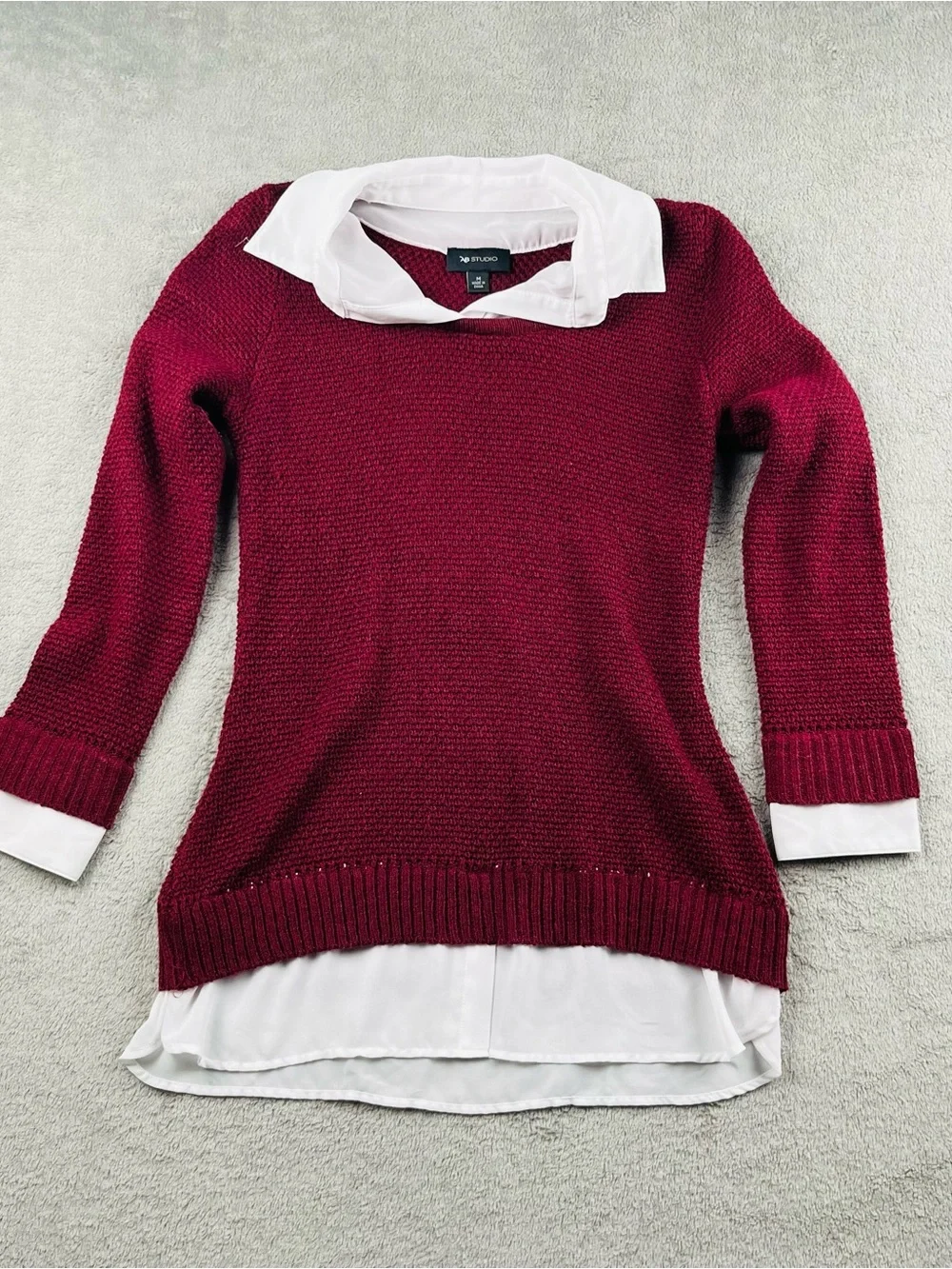 AB Studio Burgundy Crewneck Sweater with White Shirt Hem